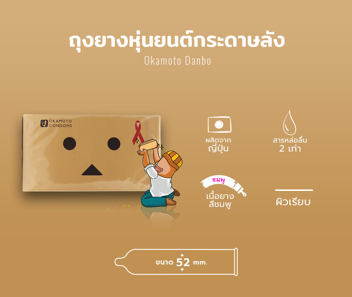 Okamoto Condom Danboard โอกาโมโต้ ถุงยางอนามัยลายหุ่นยนต์กระดาษลัง บรรจุ 12 ชิ้น สีชมพู