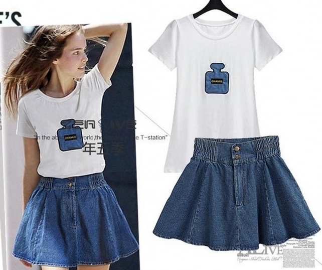 ##พร้อมส่ง## เซตคู่เสื้อยืด+กระโปรงแฟชั่นคนอ้วน เสื้อยืดสีขาวพิมพ์ลายขวดน้ำหอม กระโปรงยีนส์สียีนส์เข้ม