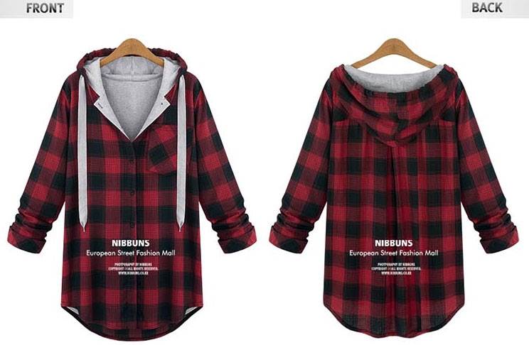 PreOrderไซส์ใหญ่ - เสื้อกันหนาวไซส์ใหญ่ คนอ้วน มีHood ลายสก๊อต 2 สี สี : แดง / เทา