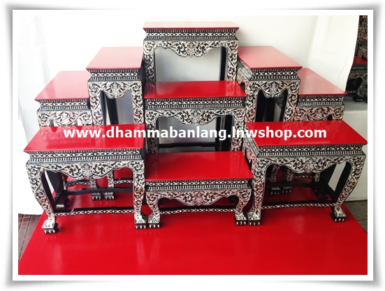 โต๊ะหมู่บูชา หมู่ 9 หน้า 8 ประดับมุก ลายไทย ไม้สัก ขาสิงห์ สีแดง