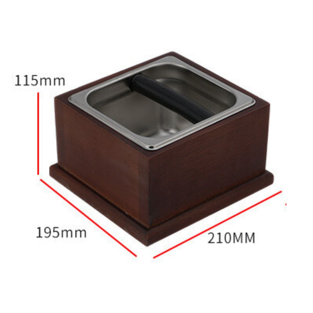 อ่างเคาะกากกาแฟสแตนเลสพร้อมกล่องไม้ตั้งอ่างเคาะกาก สูง 11.5 ซม. (ไม้สีแดงออกดำ) รหัส 2439