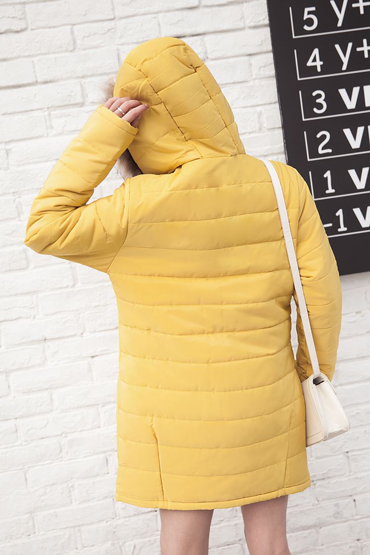 PreOrderคนอ้วน - เสื้อกันหนาวแฟชั่น ผ้าฝ้ายโพลิเอสเตอร์บุนวม ไม่หนามาก มีHood ขนเฟอร์ สีเหลือง