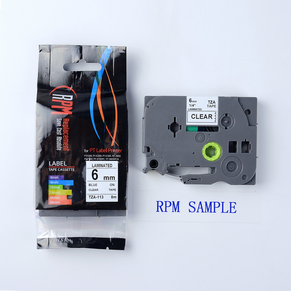 6mm TZA-113 - TZE-113 อักษรสีน้ำเงิน พื้นหลังสีใส