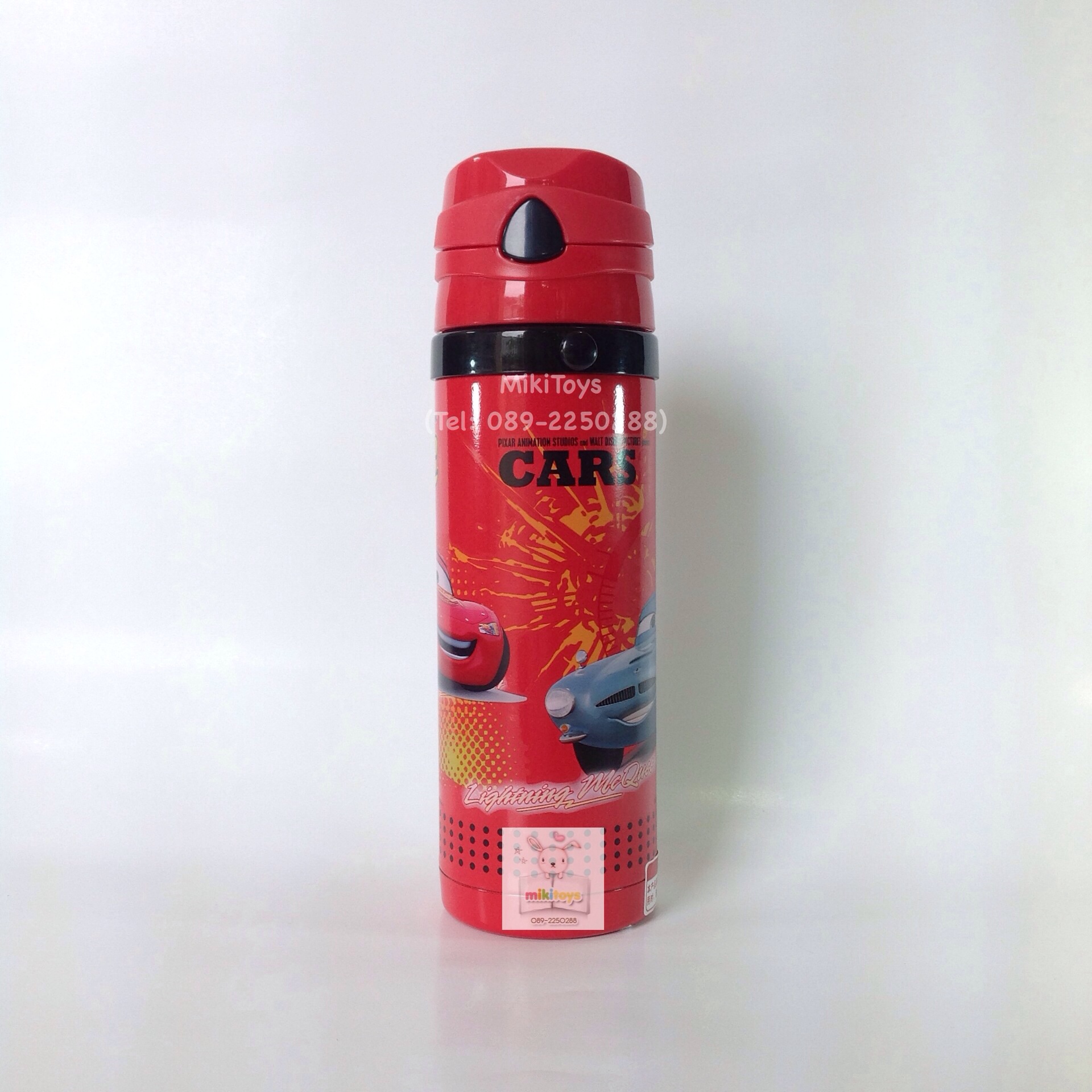 กระติกน้ำคาร์ แมคควีน Cars McQueen สีแดง ปุ่มกดสีดำ ใบใหญ่ 450ml. รุ่นกดแล้วฝาเด้ง เก็บอุณหภูมิ