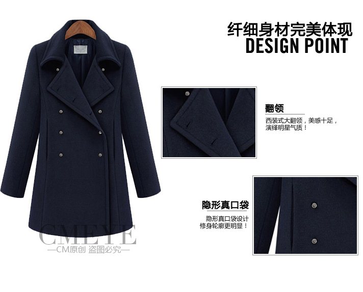 PreOrderคนอ้วน - เสื้อโค้ทกันหนาวแฟชั่น ไซส์ใหญ่ คนอ้วน เสื้อโค้ทขนสัตว์ตัวยาว ไม่หนา แต่งกระดุมหน้า สี : น้ำเงิน / ดำ