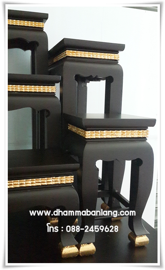 โต๊ะหมู่บูชา หมู่ 7 หน้า 6 มีแถบทอง ไม้เบญจพรรณ ขาสิงห์ สีโอ๊คด้าน