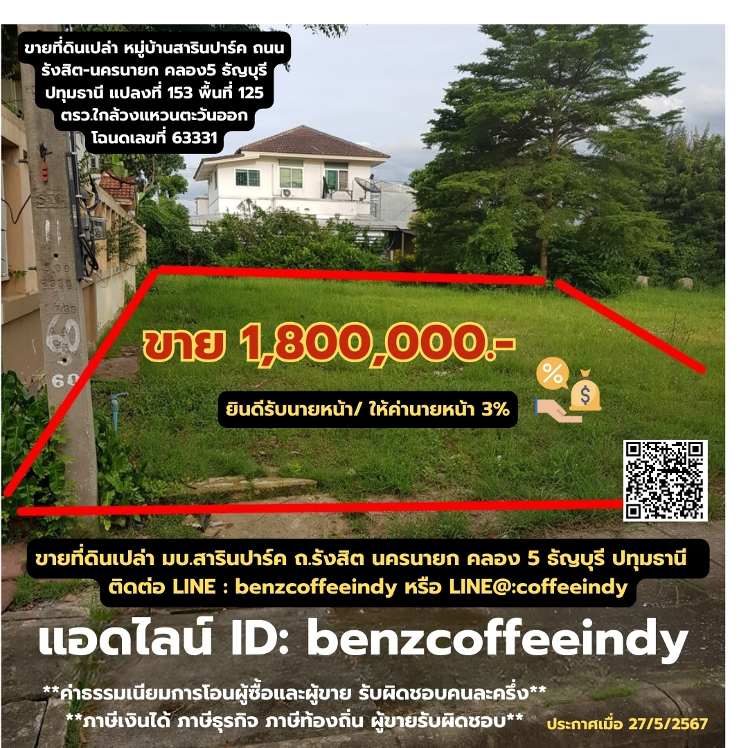 ขายที่ดินเปล่า หมู่บ้านสารินปาร์ค เท่าราคาประเมิน ถนนรังสิต-นครนายก คลอง5 ธัญบุรี ปทุมธานี แปลงที่ 153 พื้นที่ 125 ตรว.ใกล้วงแหวนตะวันออก