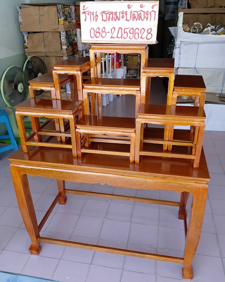 โต๊ะหมู่บูชา 9 หน้า 6 แบบเรียบ สีเหลืองทอง ฐานขาสูง 70ซม.