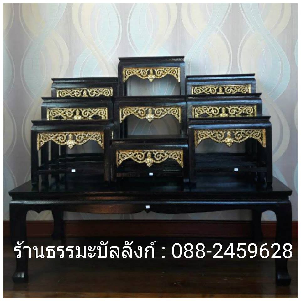 โต๊ะหมู่บูชา หมู่ 9 หน้า 6 กระจังทอง ไม้ทุเรียน ขาตรง สีโอ๊ค (คลิ๊กดูขนาด)