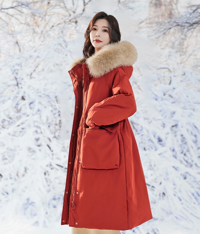 2324-0004 กันหนาวบุขนเป็ดขาว อีกแบบต่างกันตรงกระเป๋า ตัวยาว มีเฟอร์ถอดได้