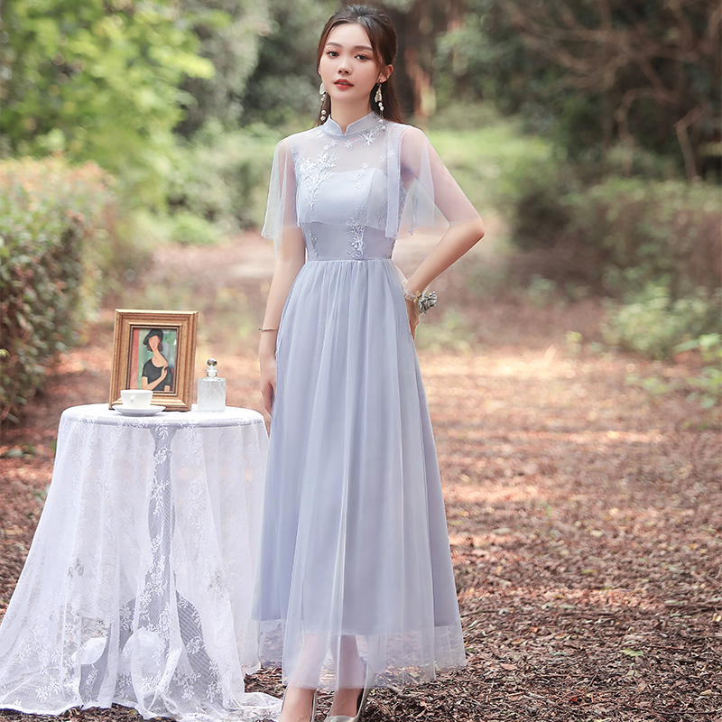 ชุดราตรียาวออกงานสีเทา ทรงคอจีน