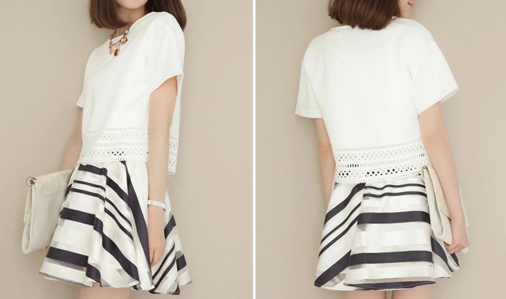 ##พร้อมส่ง## เซตคู่แฟชั่น เสื้อ-กระโปรงสั้น (2 ชิ้น) ผ้าโพลิเอสเตอร์ เสื้อแขนสั้นฉลุลายช่วงเอว กระโปรงสั้นแต่งลาย สี : ชุดเสื้อน้ำเงิน