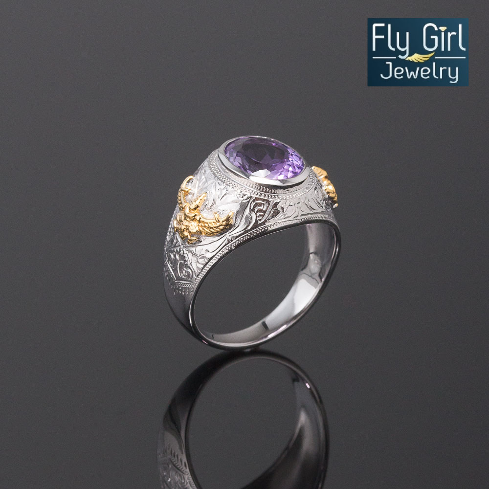 แหวนครุฑเงินแท้ พลอยอเมทิสต์แท้ เสริมดวงราศีกุมภ์ เสริมตำแหน่ง