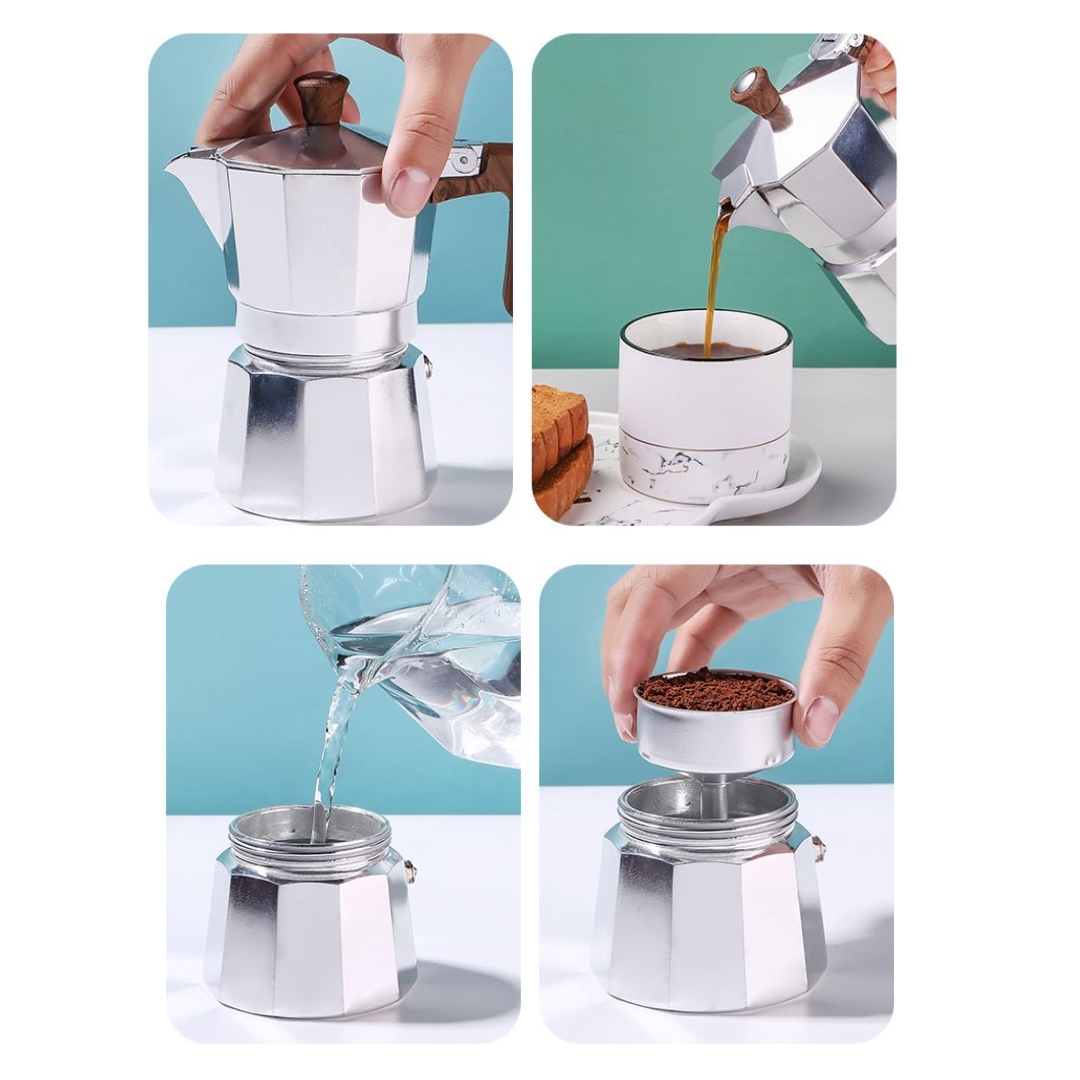หม้อต้มกาแฟสดมอคค่าพอท MOKA POT อลูมิเนียม 3 ถ้วย เนื้อหนาสีเงินบูติก รหัส 1916