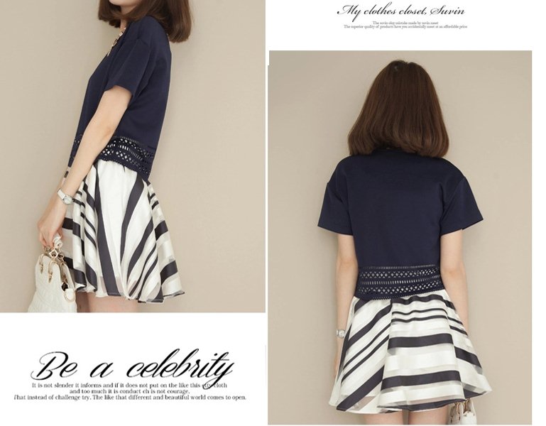 ##พร้อมส่ง## เซตคู่แฟชั่น เสื้อ-กระโปรงสั้น (2 ชิ้น) ผ้าโพลิเอสเตอร์ เสื้อแขนสั้นฉลุลายช่วงเอว กระโปรงสั้นแต่งลาย สี : ชุดเสื้อน้ำเงิน