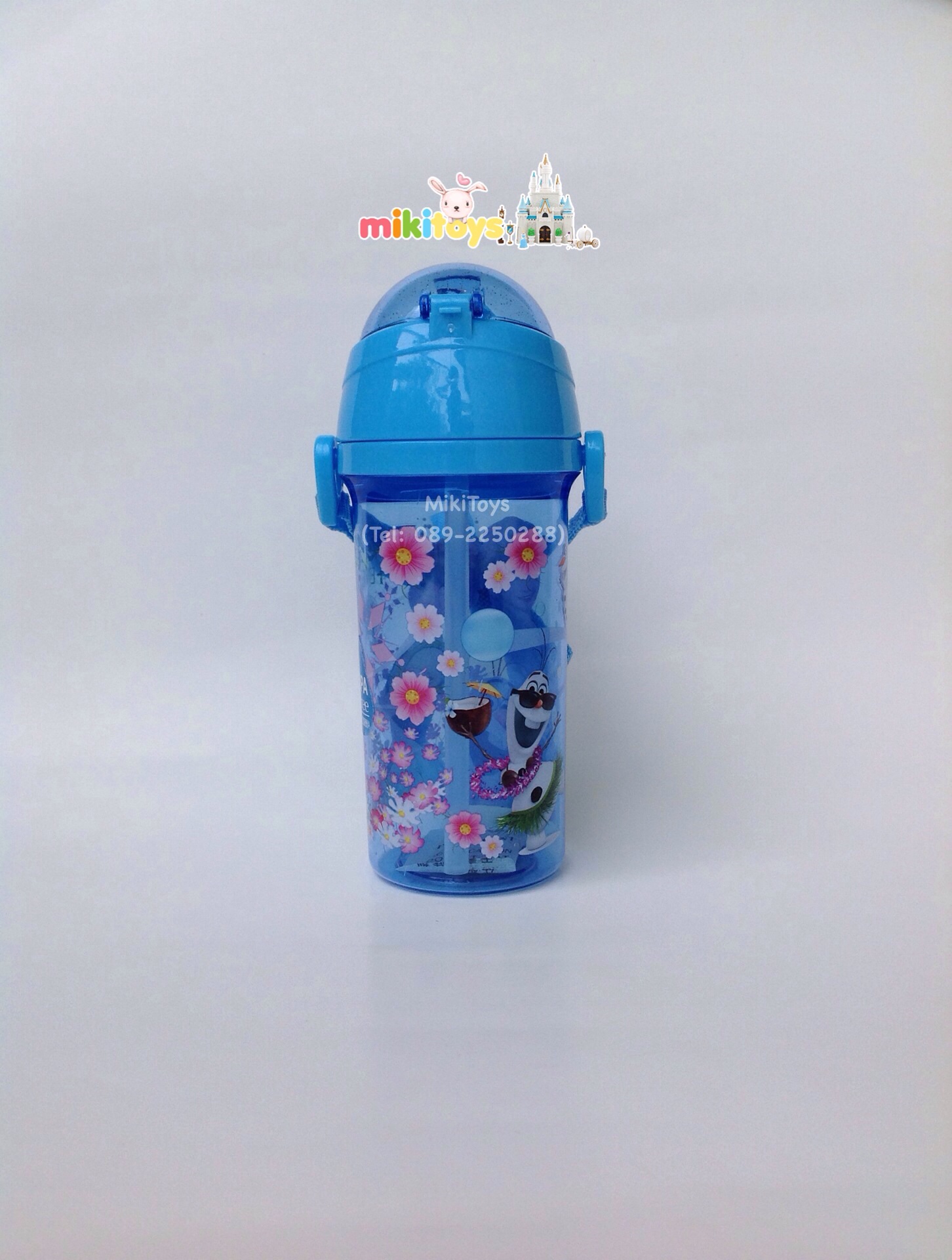 กระติกน้ำเจ้าหญิง Frozen FEVER (Elsa&Anna&Olaf) สีฟ้า โฟรเซ่น ฟีเวอร์ลายใหม่ รุ่นกดฝาเด้ง สีฟ้าใส