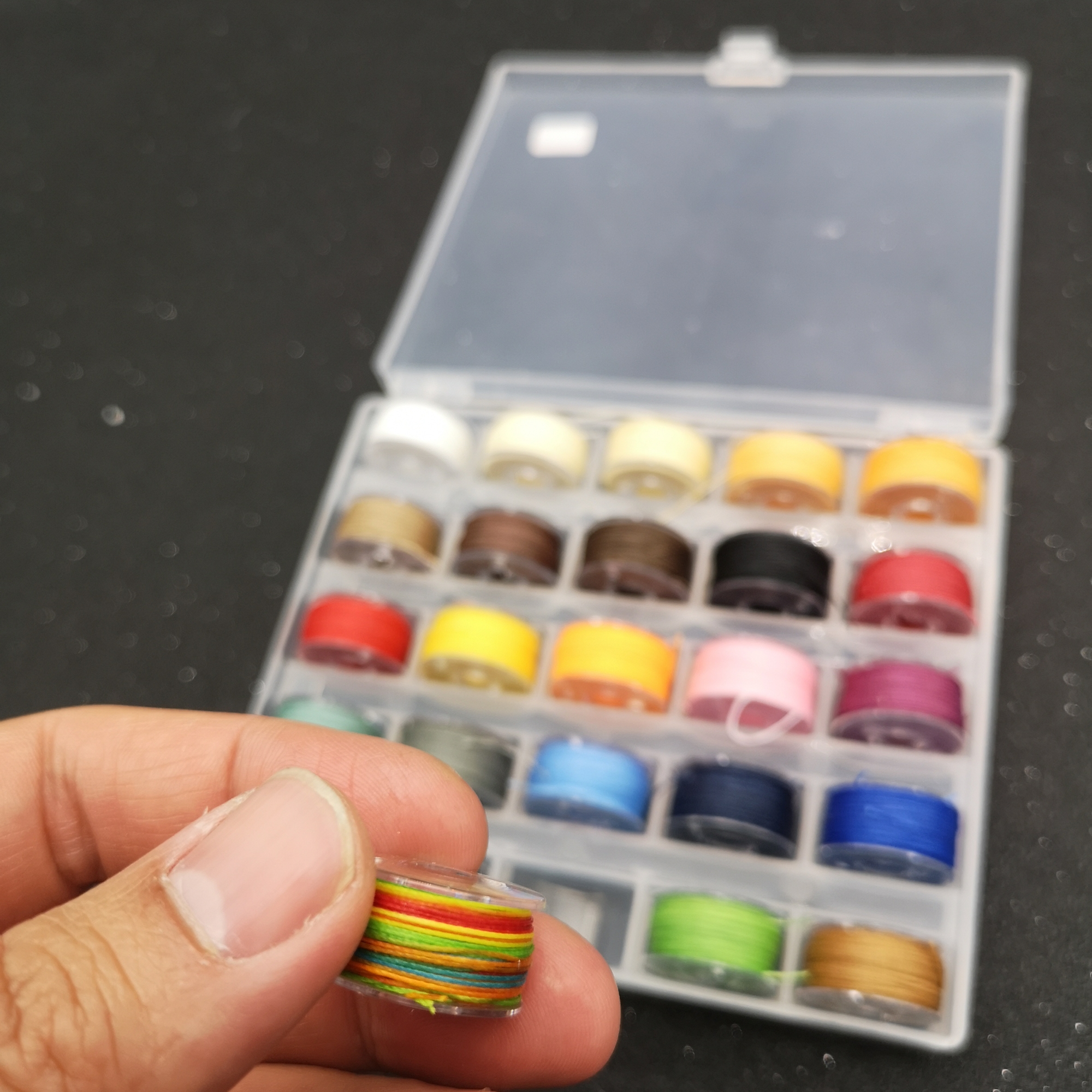 ชุดด้ายกลมเคลือบแวกซ ม้วนเล็ก ขายยกกล่อง 25 สี สุดคุ้ม