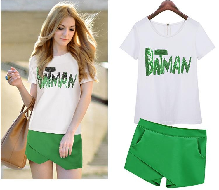 ##พร้อมส่ง## เซตคู่ เสื้อกางเกงกระโปรงแฟชั่น ทั้งไซส์ใหญ่ ไซส์เล็ก เสื้อแขนสั้นเย็บBatman กางเกงขาสั้นดีไซส์ทันสมัย สี : ขาวเขียว