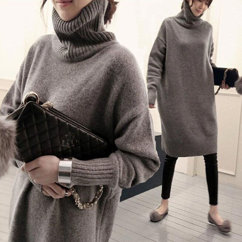 PreOrderคนอ้วน - เสื้อไหมพรมกันหนาว ยาวเป็นเดรส คอเต่า ยืดอีก สี : ดำ / เทา