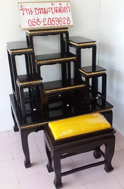 โต๊ะหมู่บูชา หมู่ 7 หน้า 6 แกะคอปิดทอง ไม้ทุเรียน ขาตรง สีโอ๊ค