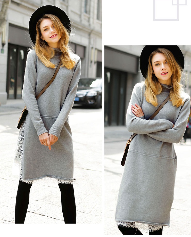 PreOrderคนอ้วน - เสื้อไหมพรมกันหนาวไซส์ใหญ่ เสื้อไหมพรมเป็นเดรสยาว เย็บผ้าลูกไม้ด้านล่าง สีเทา