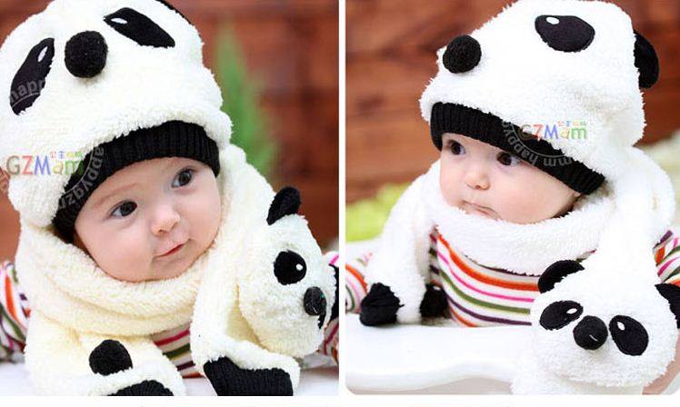 เซตหมวกและผ้าพันคอลายหมีแพนด้าสำหรับเด็ก