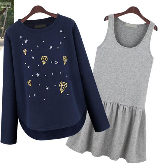 ##พร้อมส่ง## พร้อมส่ง เสื้อกันหนาว มี 2 ชิ้น เดรสตัวยาว และเสื้อกันหนาวปักหมุดพิมพ์ลาย สี : น้ำเงิน-เทา (ผ้ายืดได้อีกนิดหน่อย)