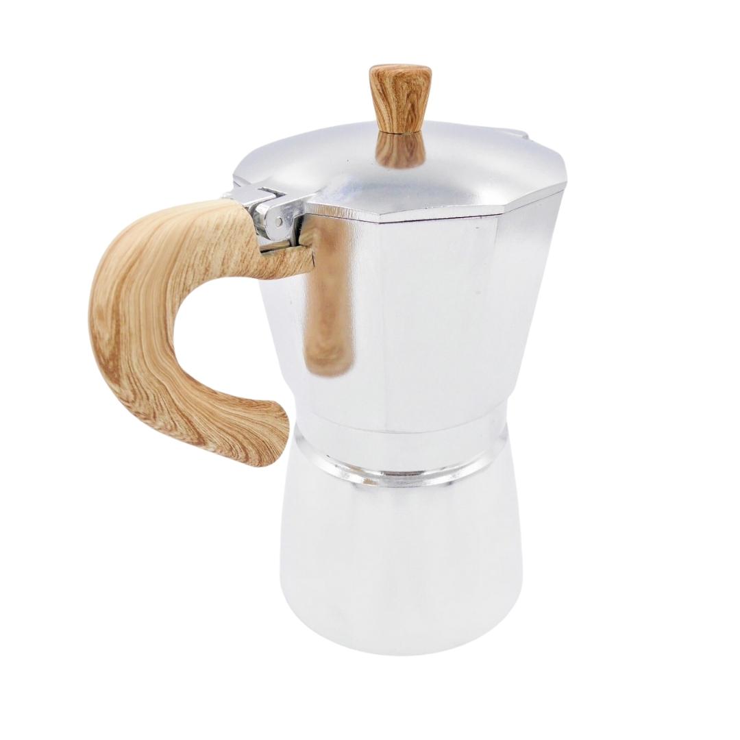 มอคค่าพอทกาต้มกาแฟอลูมีเนียม 6 คัพ 300 ml ก้นกลมสีเงินหูจับด้ามไม้ รหัส 1812