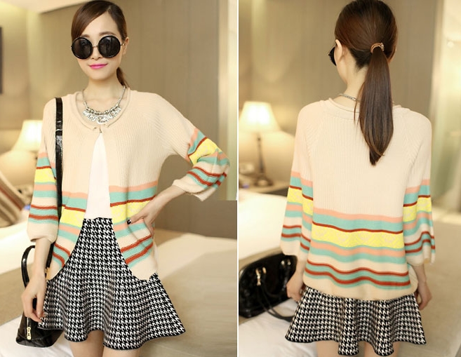 Pre Order - เสื้อคลุมกันหนาวแฟชั่นเกาหลี พิมพ์ลายสวยงาม เป็นเสื้อคอกลมเวตเตอร์ไหมพรมแบบบาง แขนยาว สี : สีดำ / สีเบจ / สีกุหลาบ