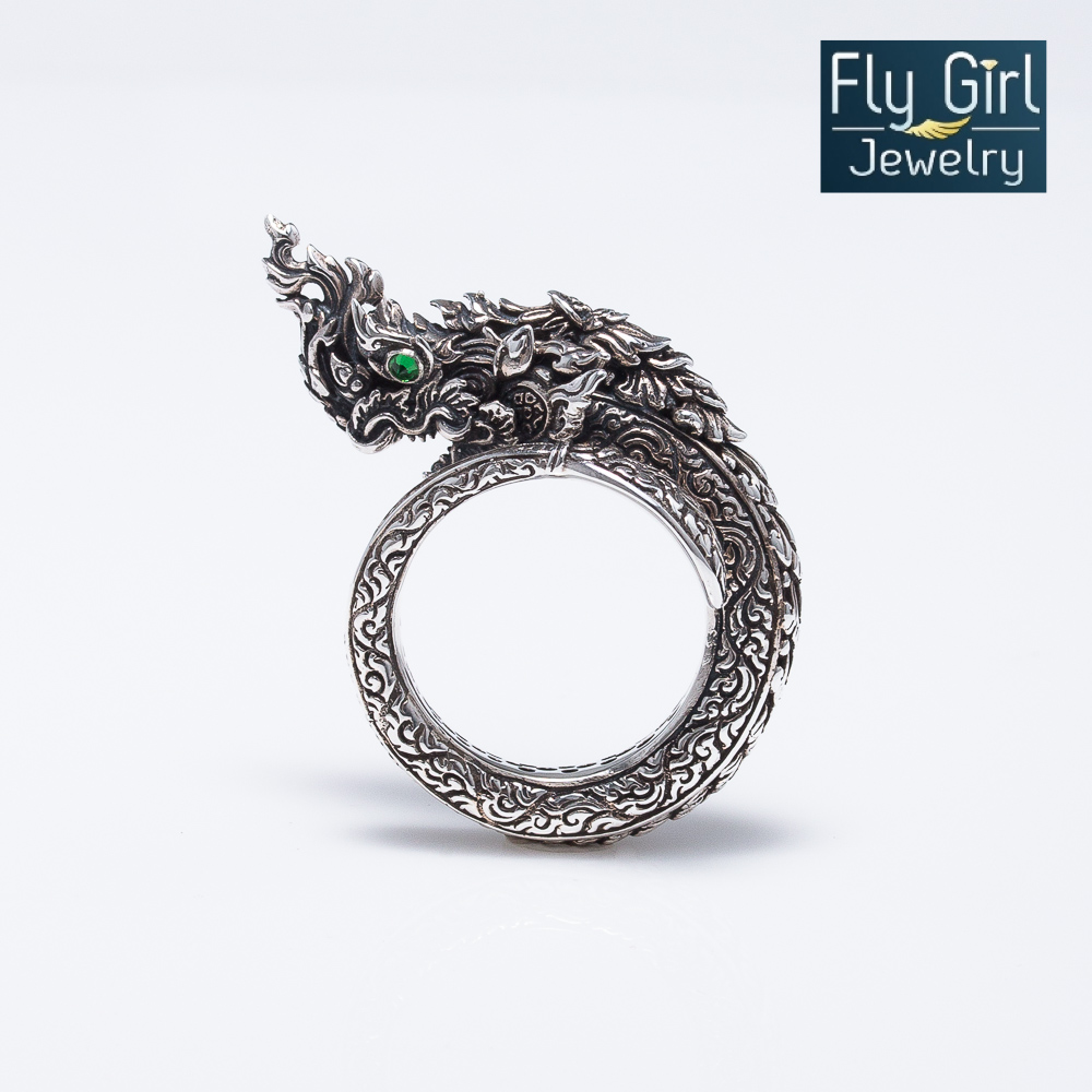 แหวนพญานาคราช เงินแท้ดวงตาประดับพลอยแท้ Tsavorite ช่วยปกป้องคุ้มครอง เรียกโชคลาภ งานสวยมีมิติ ลวดลายไทยคมชัดสวยงาม Made in Thailand