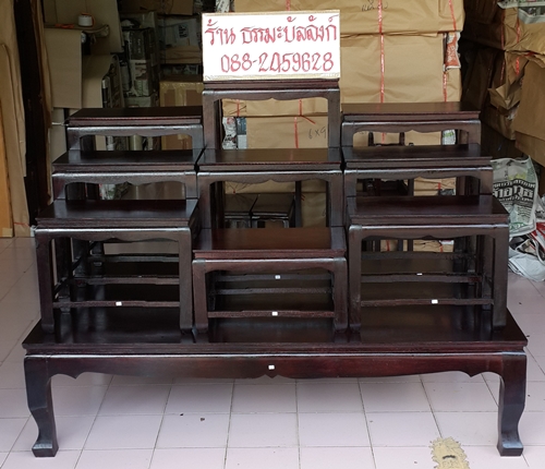 โต๊ะหมู่บูชา หมู่ 9 หน้า 8 แบบเรียบ ไม้ทุเรียน ขาตรง สีโอ๊ค (คลิ๊กดูขนาด)