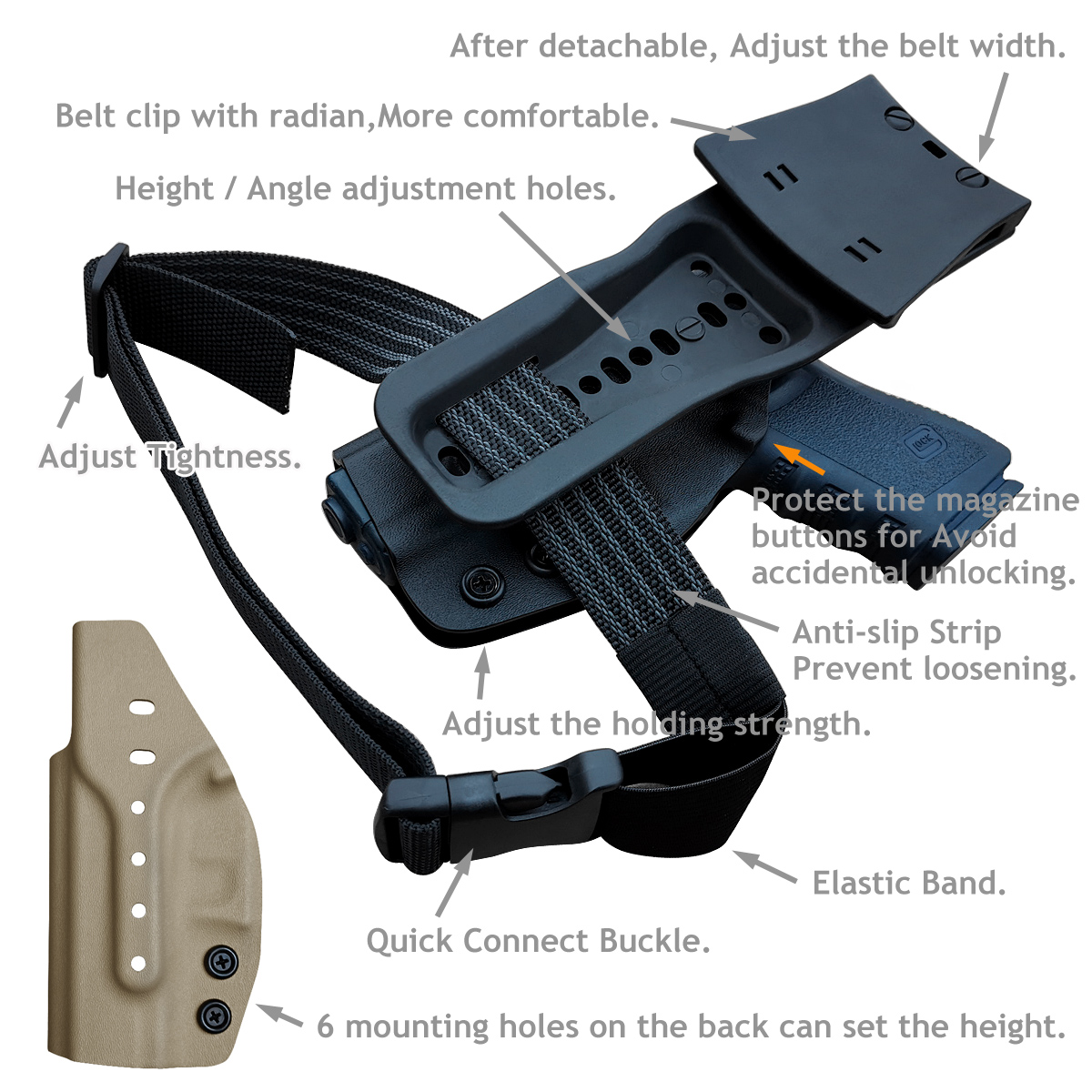 ซองปืนพกนอก + เพลทต่ำ รัดขา B.B.F Make Kydex Holster