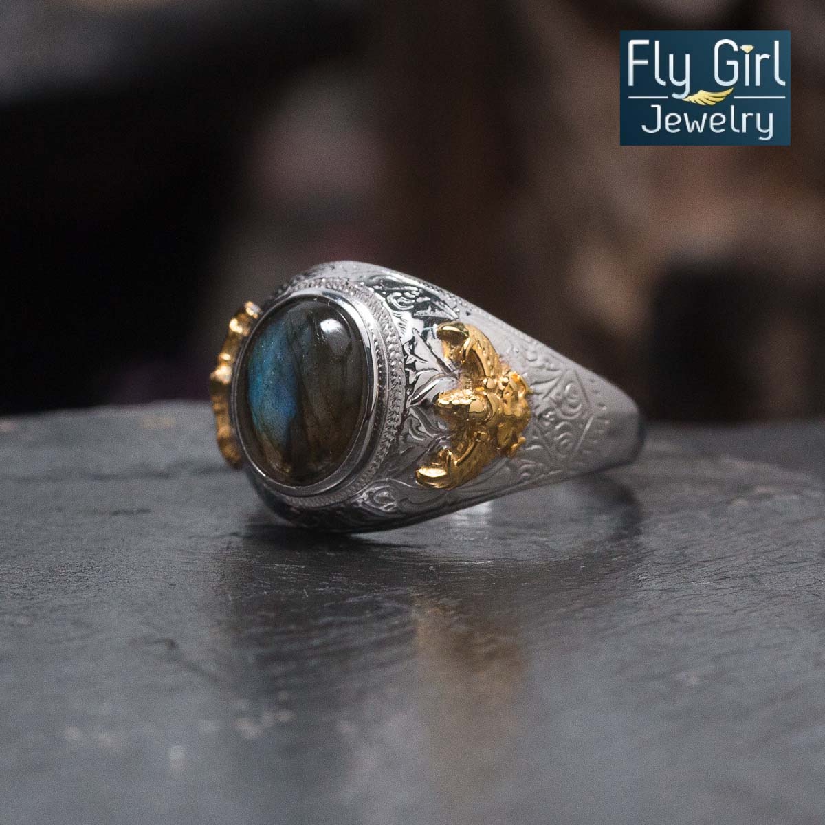 แหวนครุฑ เงินแท้ประดับพลอยลาบราโดไลต์แท้(ราศีตุลย์) ช่วยปกป้องคุ้มครองใส่เสริมดวง