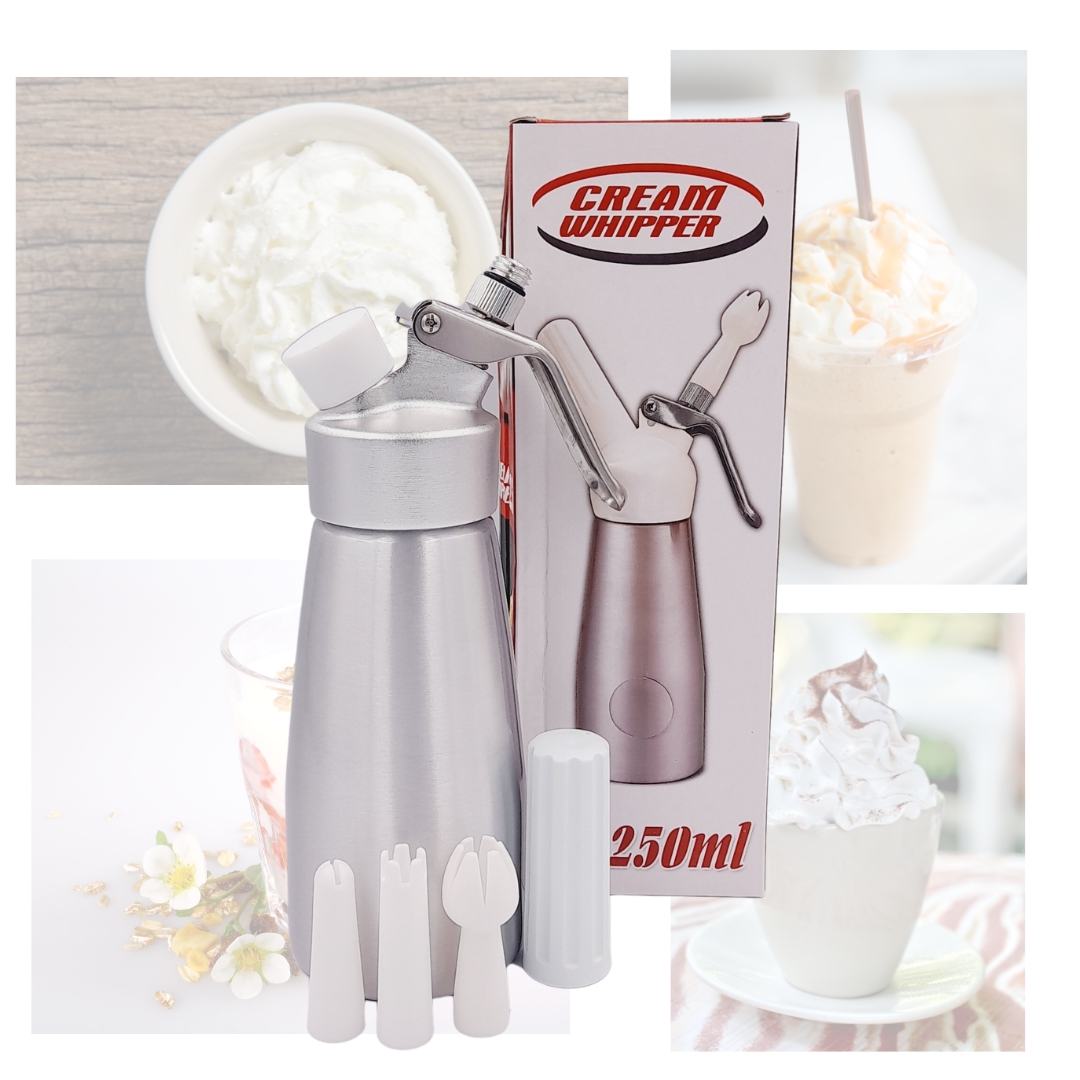ขวดทำวิปครีม ขนาด 250ml CREAM WHIPPER 500 ml สีเทา หัวอลูมีเนียมเหลี่ยม พร้อมชุดดอกบีบ รหัส 0869