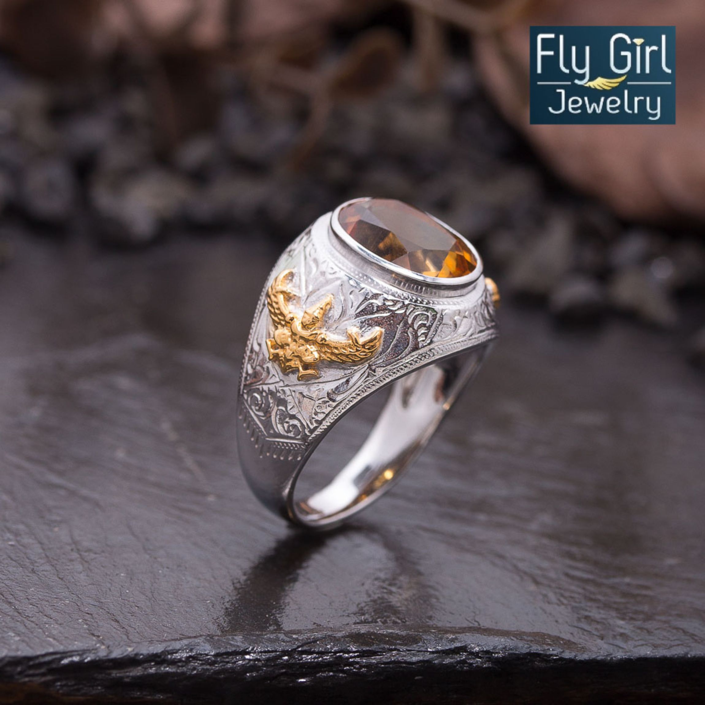 แหวนครุฑเงินแท้พลอยซิทรีนแท้ (ราศีพิจิกหรือเกิดวันจันทร์) ช่วยปกป้องคุ้มครองควรมีไว้สักวง