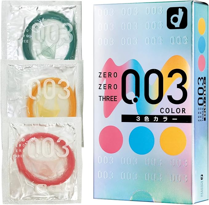 Okamoto 0.03 ZERO ZERO 3 colors (สี ชมพู ฟ้า เหลือง) 1 กล่อง บรรจุ 12 ชิ้น