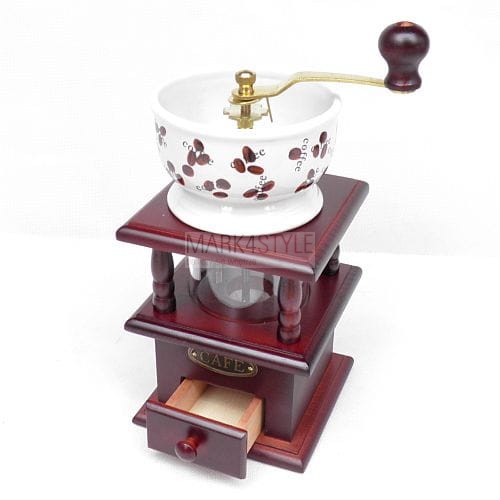 เครื่องบดกาแฟแบบมือโยกทำจาก ไม้ เซรามิก พลาสติก มีลิ้นชักสำหรับใส่กาแฟบด รหัส 0124