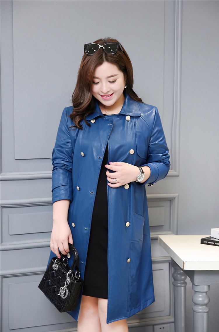 PreOrderเสื้อผ้าคนอ้วน - เสื้อโค้ท หนัง Pu ตัวยาว สี : น้ำเงิน / ดำ