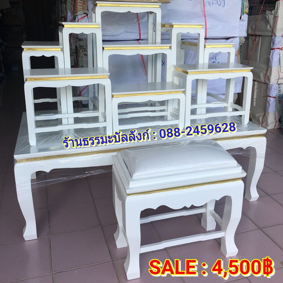 โต๊ะหมู่บูชา หมู่ 9 หน้า 6 แถบทอง ไม้ทุเรียน ขาตรง สีขาว