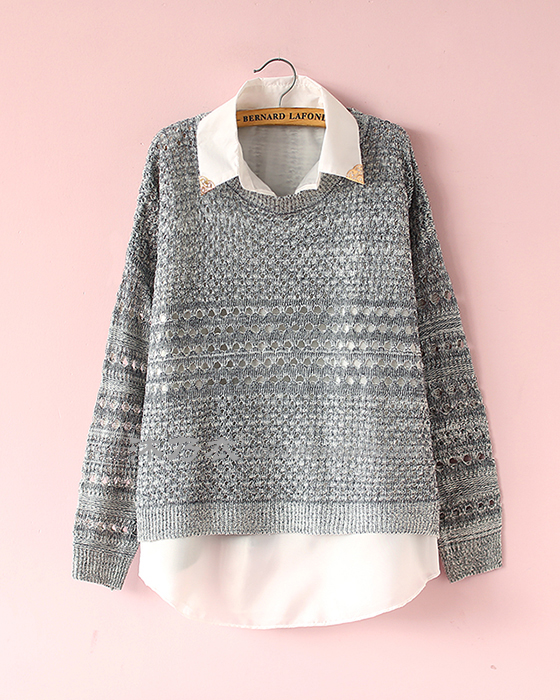 Pre Order - เสื้อกันหนาวแฟชั่น เป็นเซต 2 ชิ้น เสื้อกันหนาวถักนิตติ้งแบบบาง และเสื้อเชิ้ตชีฟองแขนกุดสีขาว สี : สีเขียว / สีเทาเข้ม