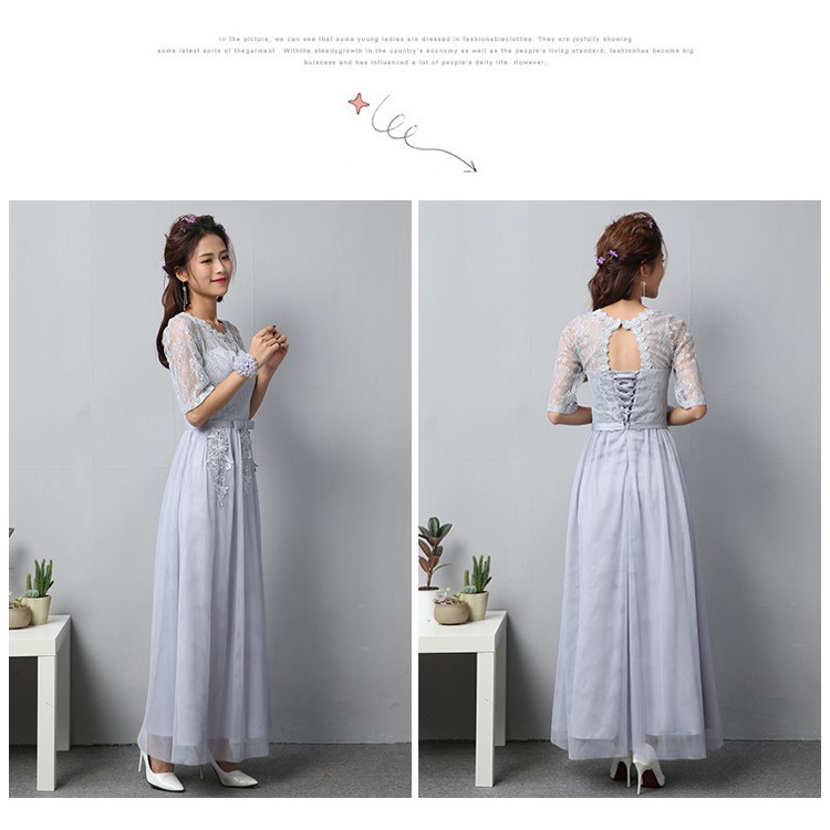 เดรสออกงานยาว ทรงแขนสามส่วน ตัวชุดเป็นผ้าซาตินสีเทา