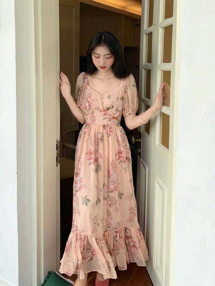 เดรสสไตล์เกาหลี ผ้าชีฟองสีสวยสดใส แพทเทิร์นเป้ะ