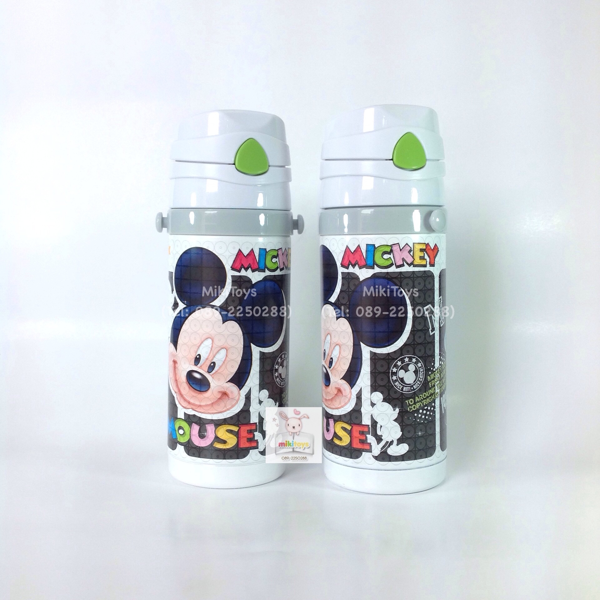 กระติกน้ำมิกกี้เมาส์ Mickey Mouse สีขาวขอบเทา ปุ่มกดสีเขียว รุ่นกดแล้วฝาเด้ง เก็บอุณหภูมิ