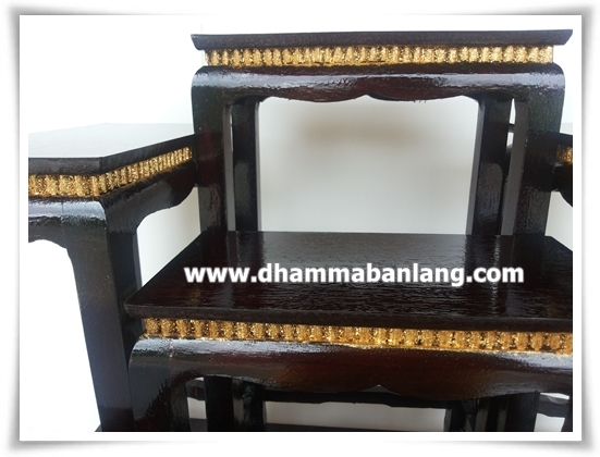 โต๊ะหมู่บูชา หมู่ 7 หน้า 5 แกะคอปิดทอง ไม้ทุเรียน ขาตรง สีโอ๊ค