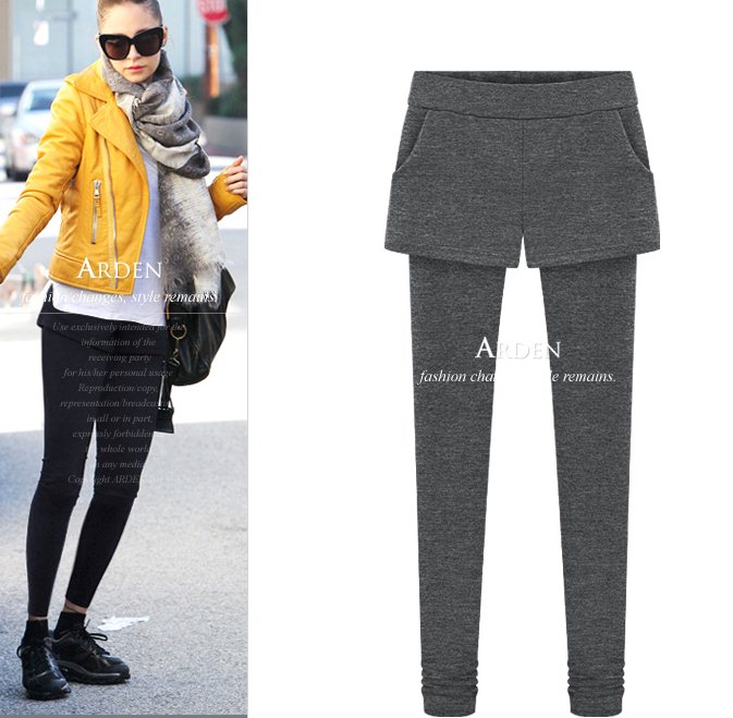 PreOrderคนอ้วน - กางเกง-เลคกิ้งกันหนาวแฟชั่น ไซส์ใหญ่ คนอ้วน ผ้าฝ้ายโพลิเอสเตอร์ไม่หนา ยืดเยอะ เป็น 2 ชิ้นติดกัน สี : ดำ / เทาเข้ม