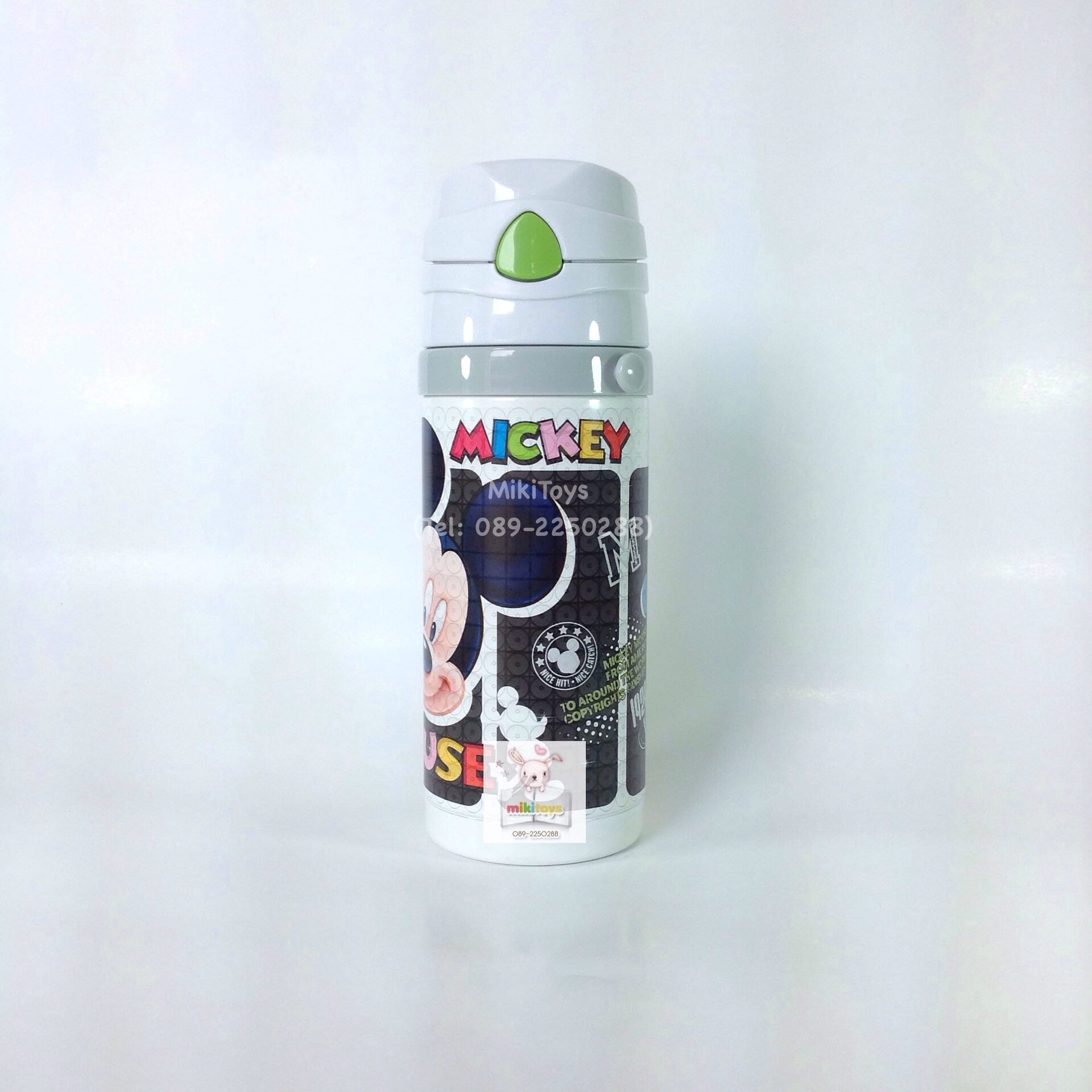 กระติกน้ำมิกกี้เมาส์ Mickey Mouse สีขาวขอบเทา ปุ่มกดสีเขียว รุ่นกดแล้วฝาเด้ง เก็บอุณหภูมิ