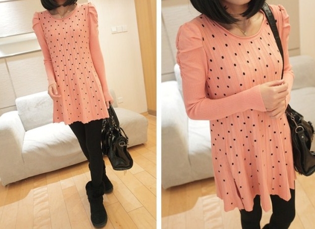 Pre Order - เสื้อกันหนาวแฟชั่นสไตล์เกาหลี คอกลมไหมพรมลายจุด ดีไซด์อินเทรน : สีชมพู-จุดดำ / สีแดง-จุดดำ / สีแดง-จุดขาว / สีดำ-จุดขาว / สีน้ำเงิน-จุดขาว