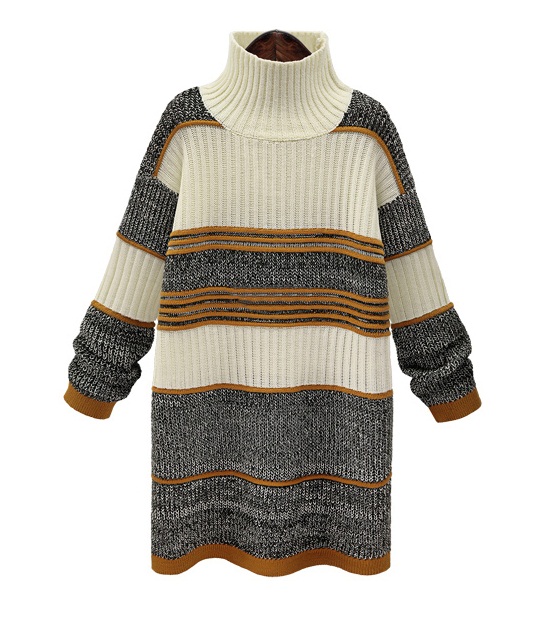 PreOrderคนอ้วน - เสื้อไหมพรมกันหนาวไซส์ใหญ่ เสื้อไหมพรมคอเต่ายืด ตัวยาว ลายถักสวย สีครีมดำ