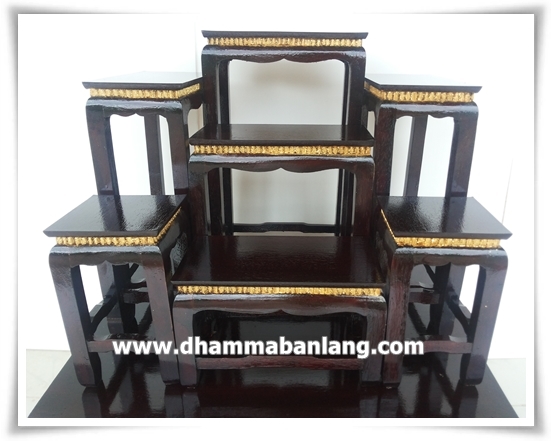 โต๊ะหมู่บูชา หมู่ 7 หน้า 5 แกะคอปิดทอง ไม้ทุเรียน ขาตรง สีโอ๊ค