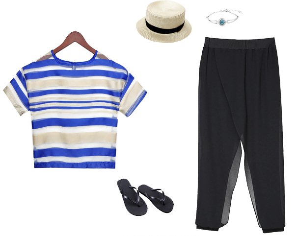 ##พร้อมส่ง## เซตคู่ แฟชั่นคนอ้วน ไซส์ใหญ่ (2 ชิ้น) เสื้อแขนสั้นออกแนวซีทรูบาง ๆ กางเกงฮาเรมสีดำ ใส่สบาย ๆ สี : เส้นดำ